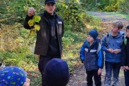 Förster ist mit Kindern im Wald